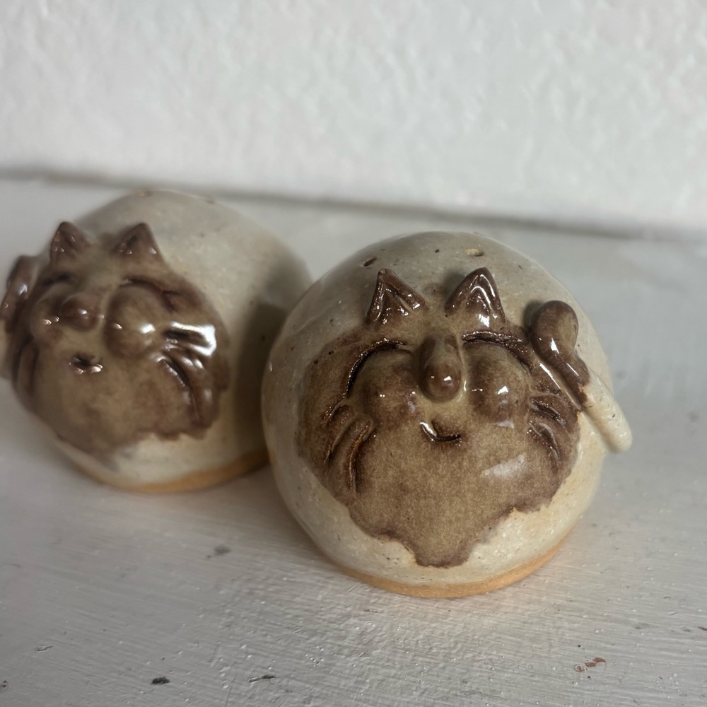 Ceramic Handmade Cat Salt and Pepper Shakers Clay Glazed Cats Natural